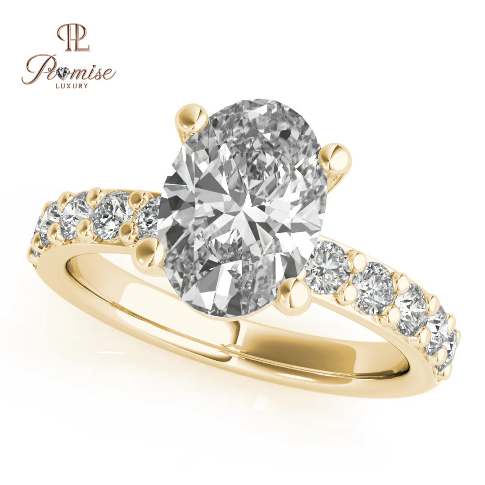 Oval Cut Lab Diamond Solitaire Engagement Ring with Accent Diamonds – 14K Gold Bridal Ring