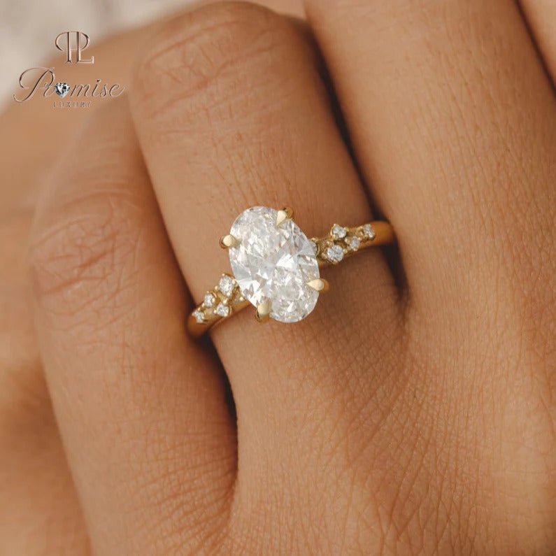 Oval Diamond Engagement Ring – Cluster Side Stone Bridal Ring for Women