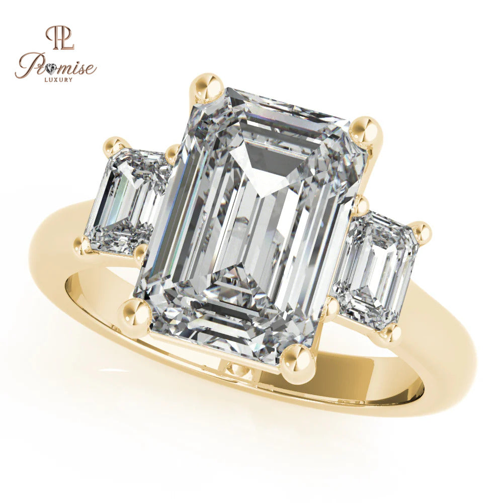 Three Stone Emerald Cut Engagement Ring – Lab Grown Diamond Statement Ring