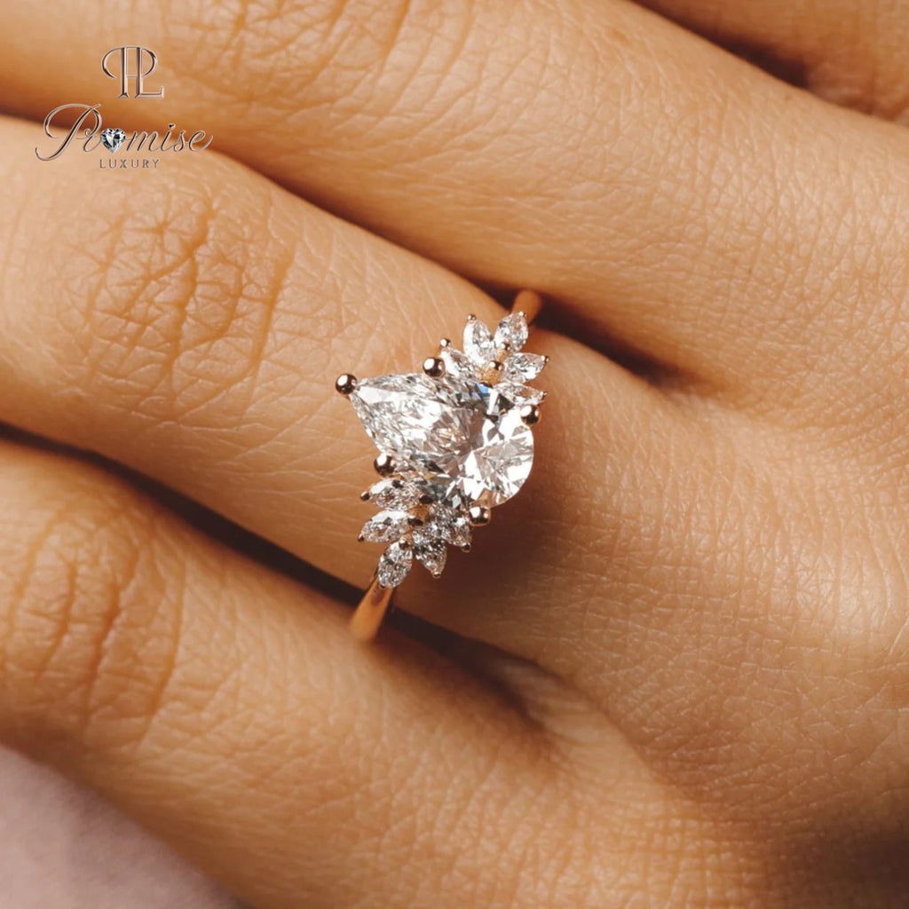 Pear Diamond Ring with Side Marquise Clusters – Luxury Engagement Ring for Women