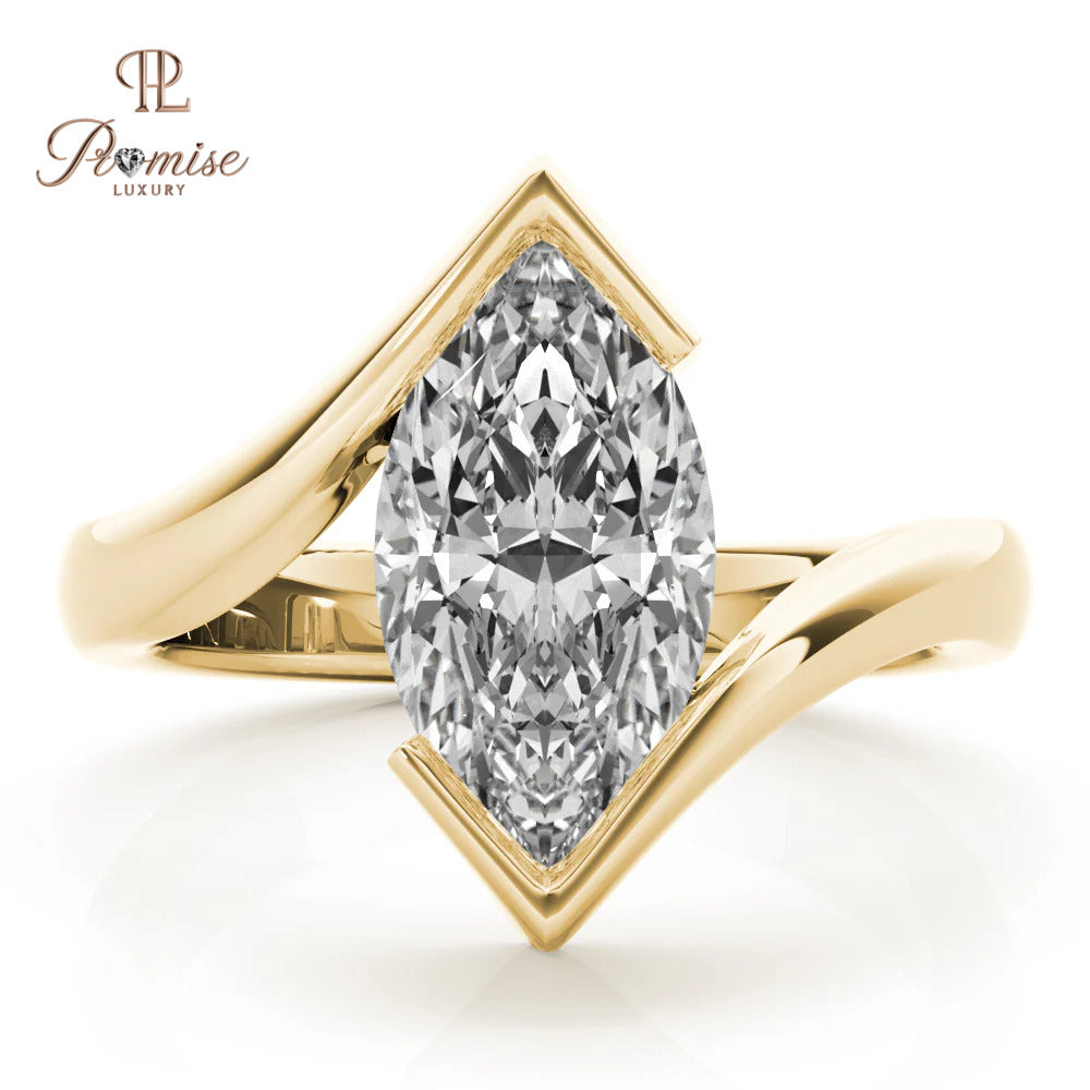Marquise Diamond Half Bezel Ring in 14K Gold – Modern Minimalist Engagement Ring
