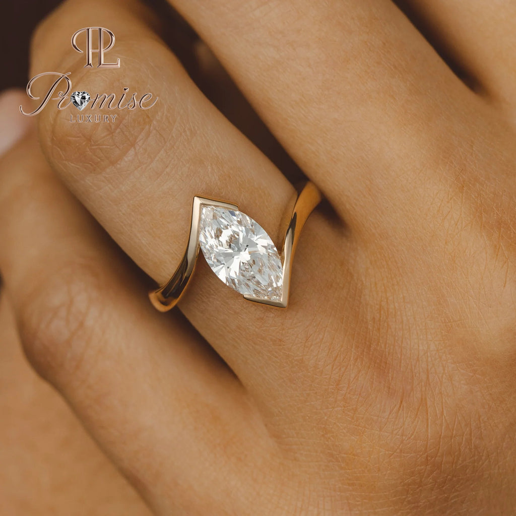 Marquise Diamond Half Bezel Ring in 14K Gold – Modern Minimalist Engagement Ring