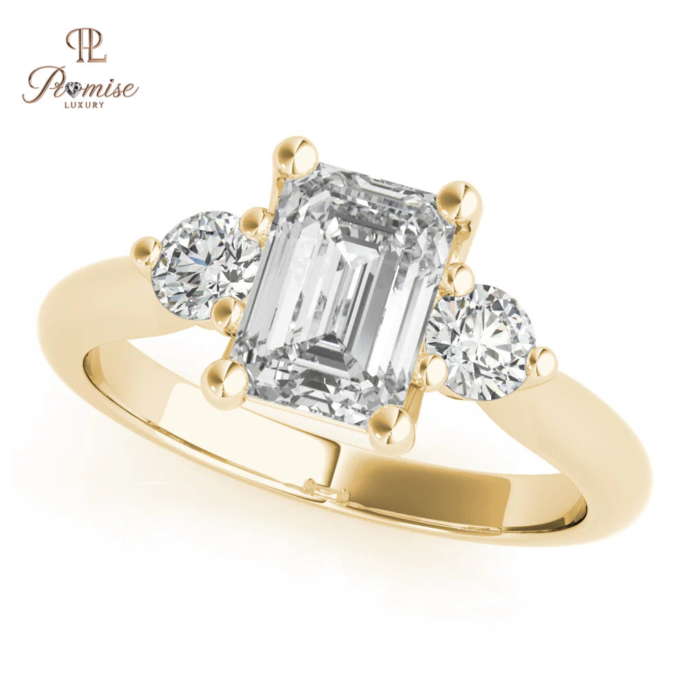 Emerald Cut & Round Diamond Engagement Ring - 14k White Gold Solitaire Ring