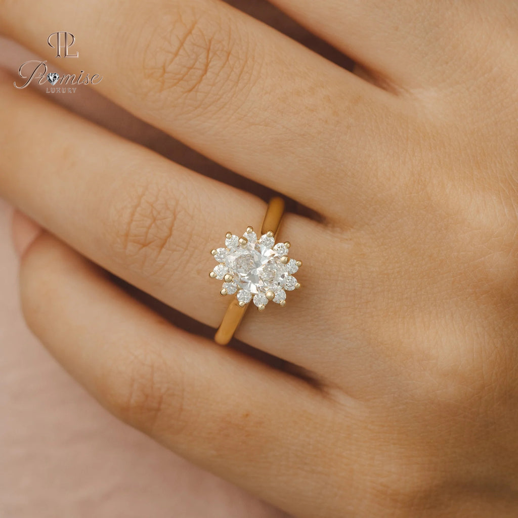 Flower Shape Halo Oval cut Diamond Ring - Unique Bridal Engagement Ring