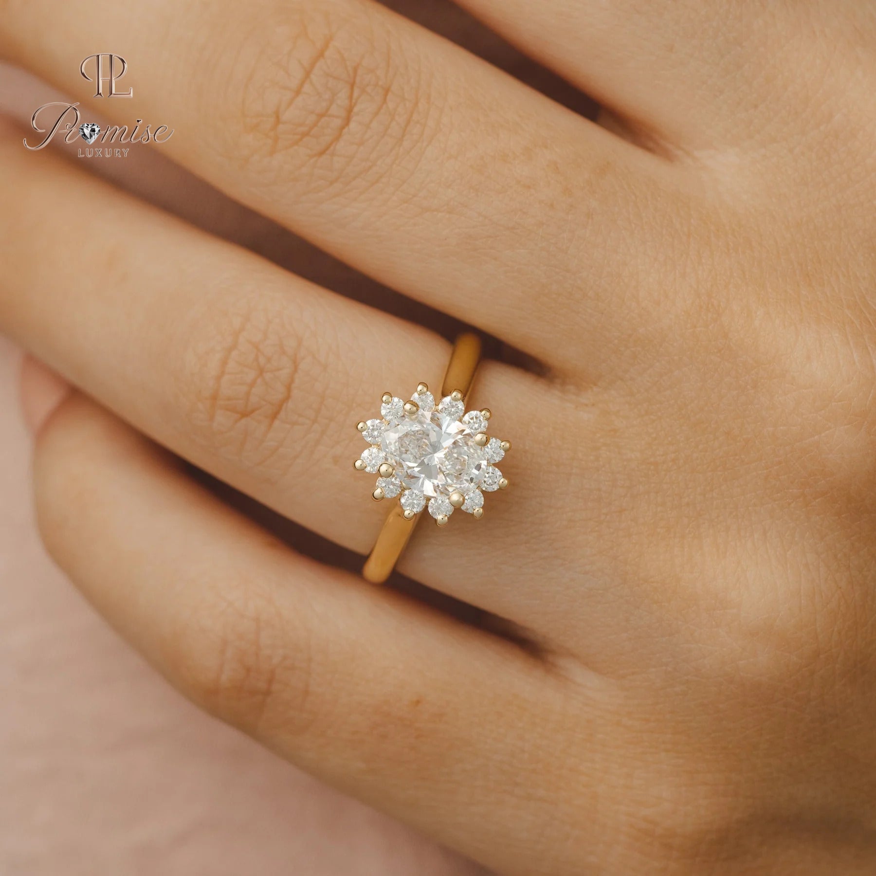 Flower Shape Halo Oval cut Diamond Ring - Unique Bridal Engagement Ring