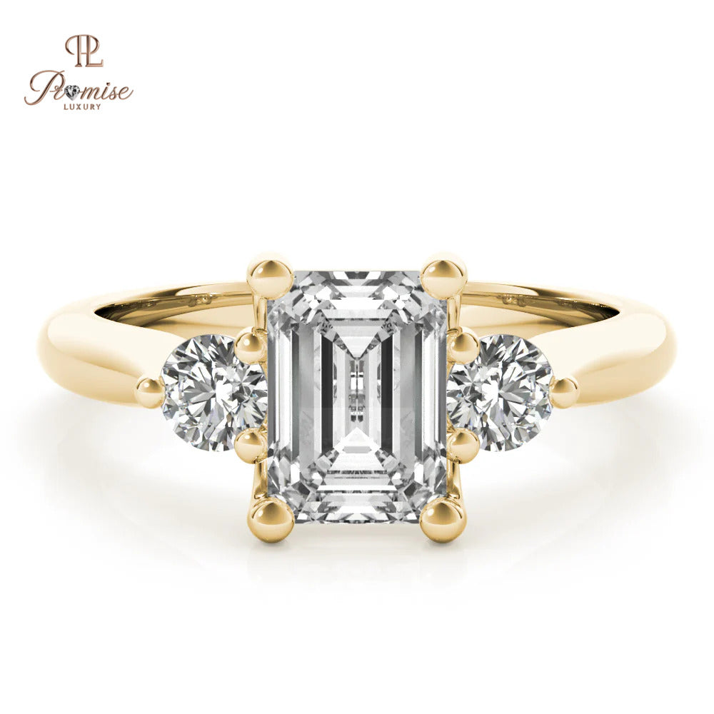 Emerald Cut & Round Diamond Engagement Ring - 14k White Gold Solitaire Ring