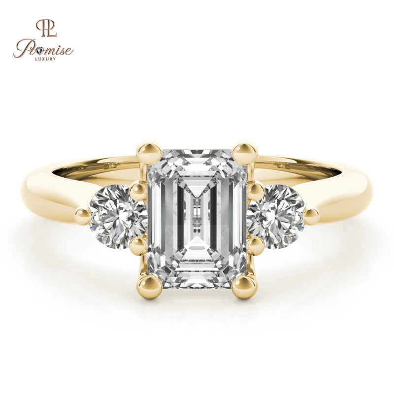 Emerald Cut & Round Diamond Engagement Ring - 14k White Gold Solitaire Ring