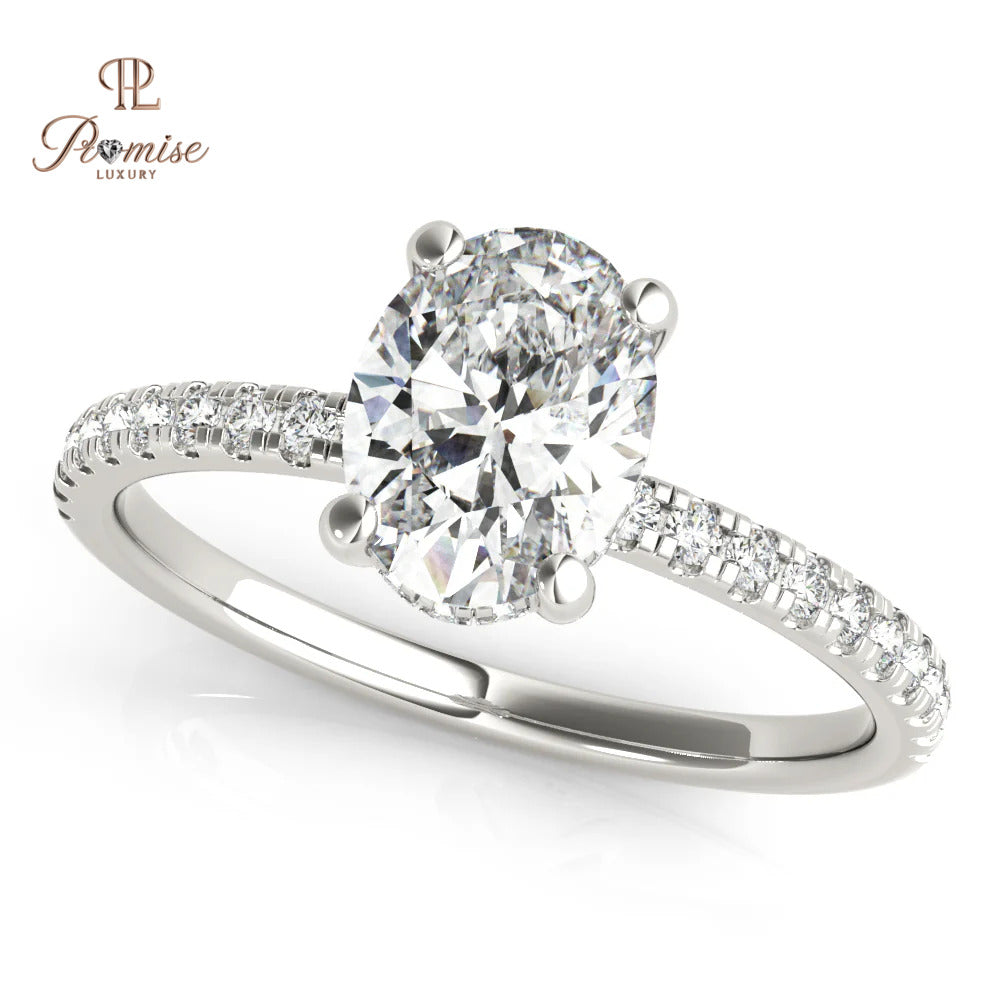 Unique Oval Cut Hidden Halo Engagement Ring in 14K White Gold – Elegant Diamond Ring