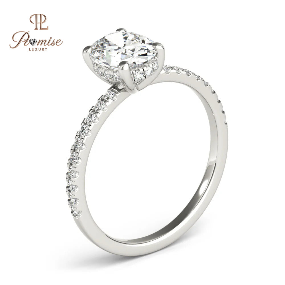 Unique Oval Cut Hidden Halo Engagement Ring in 14K White Gold – Elegant Diamond Ring