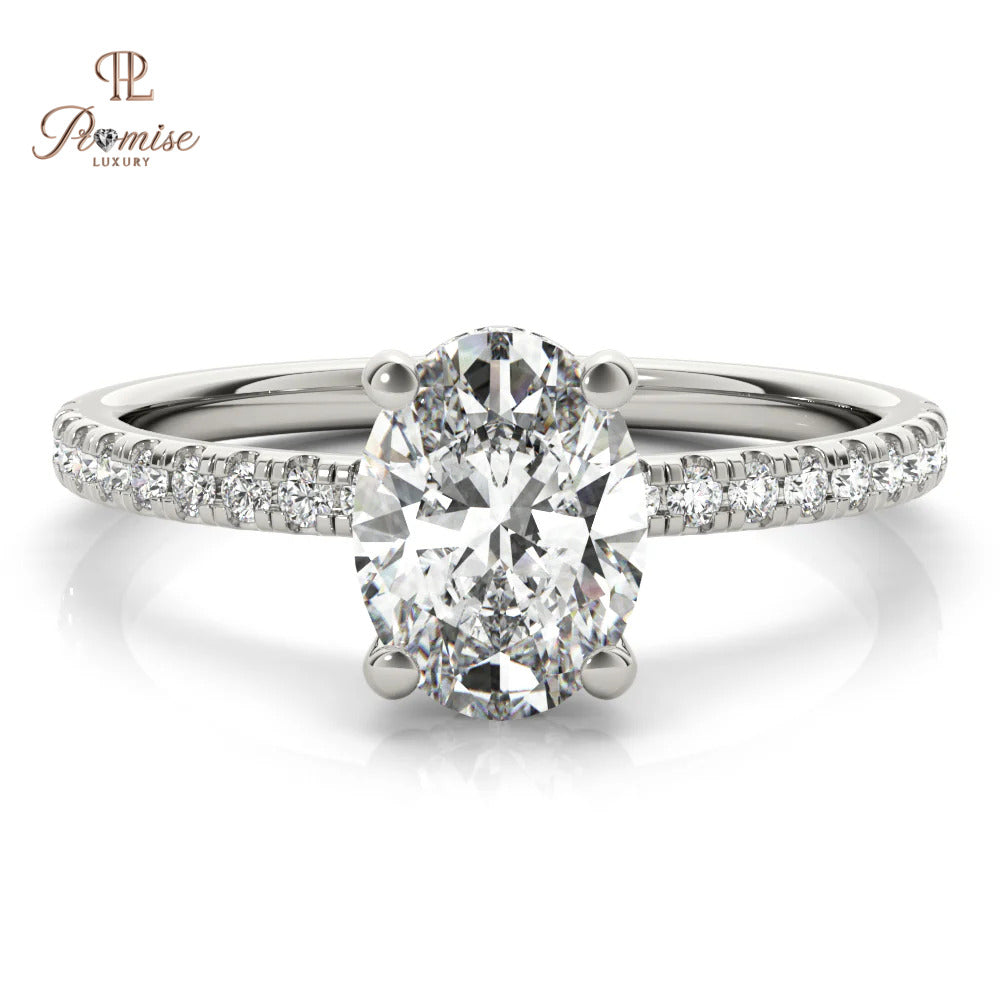 Unique Oval Cut Hidden Halo Engagement Ring in 14K White Gold – Elegant Diamond Ring