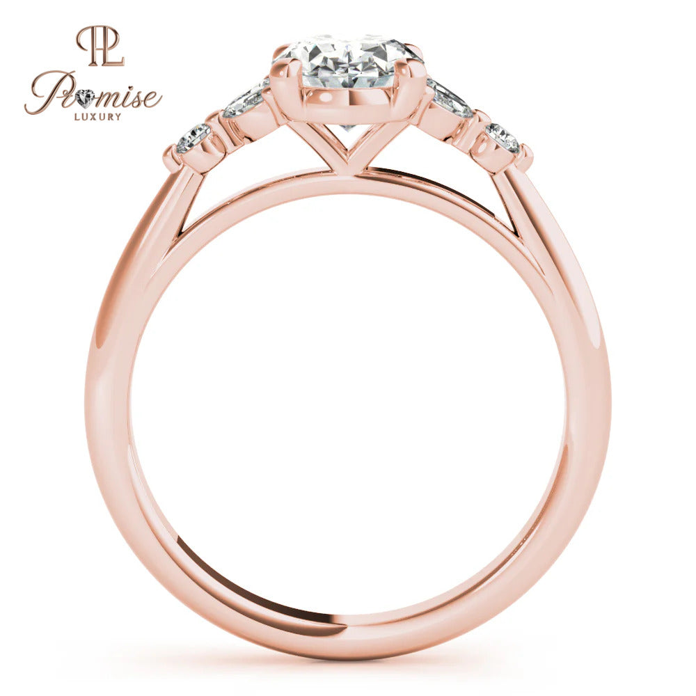 Antique Oval Cut Lab Grown Diamond Engagement Ring, Oval with Marquise & Round Side Diamonds Wedding Ring,