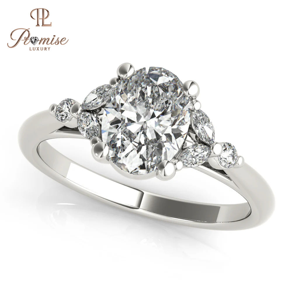 Antique Oval Cut Lab Grown Diamond Engagement Ring, Oval with Marquise & Round Side Diamonds Wedding Ring,