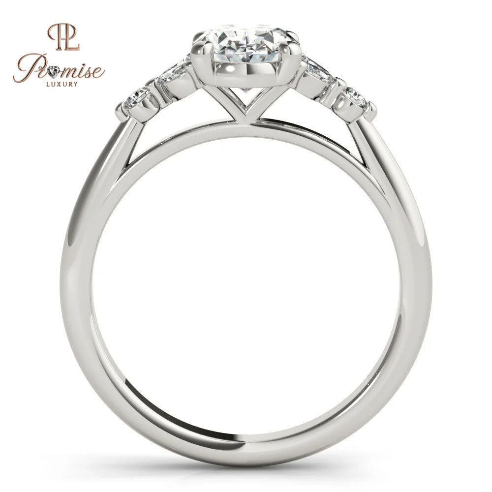 Antique Oval Cut Lab Grown Diamond Engagement Ring, Oval with Marquise & Round Side Diamonds Wedding Ring,