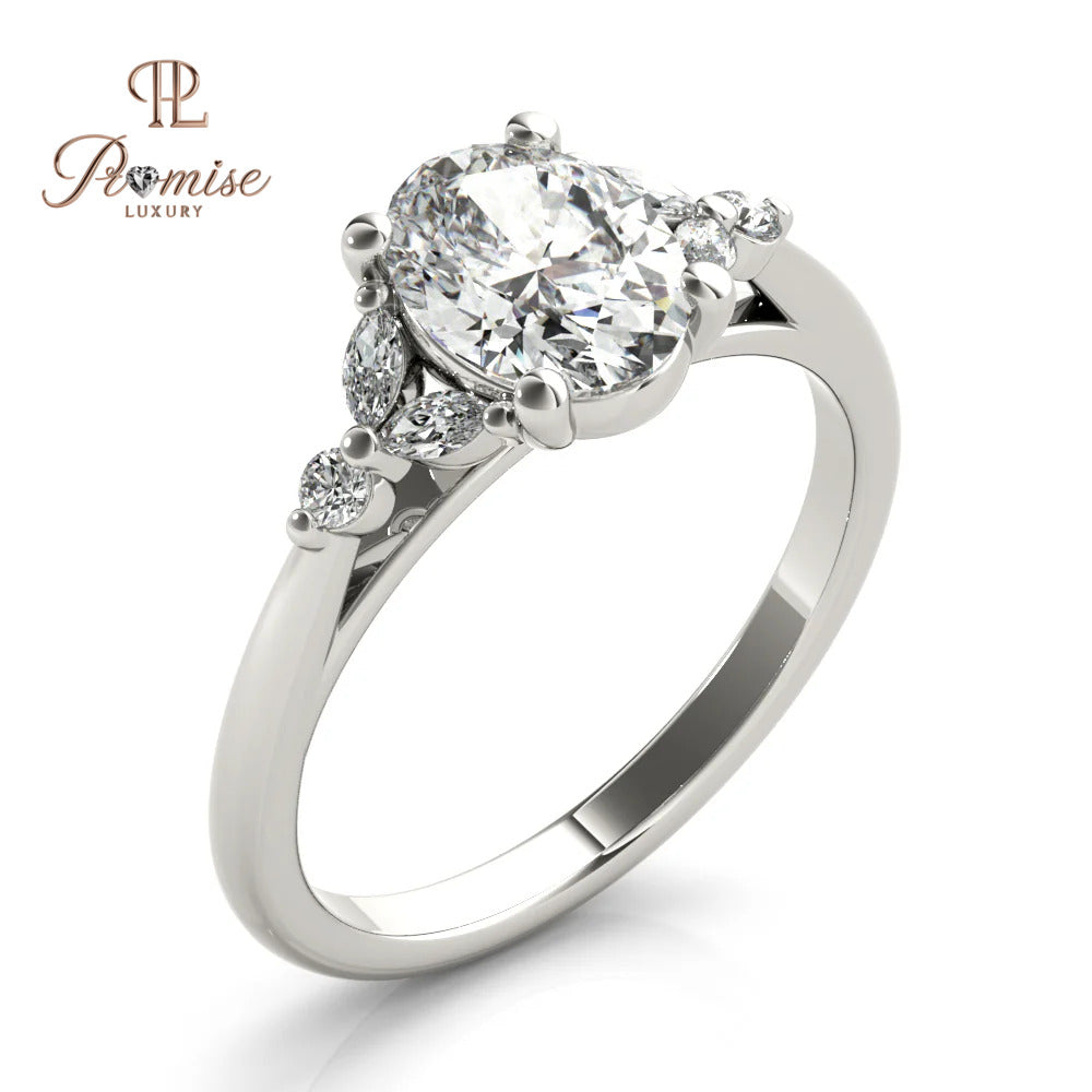 Antique Oval Cut Lab Grown Diamond Engagement Ring, Oval with Marquise & Round Side Diamonds Wedding Ring,