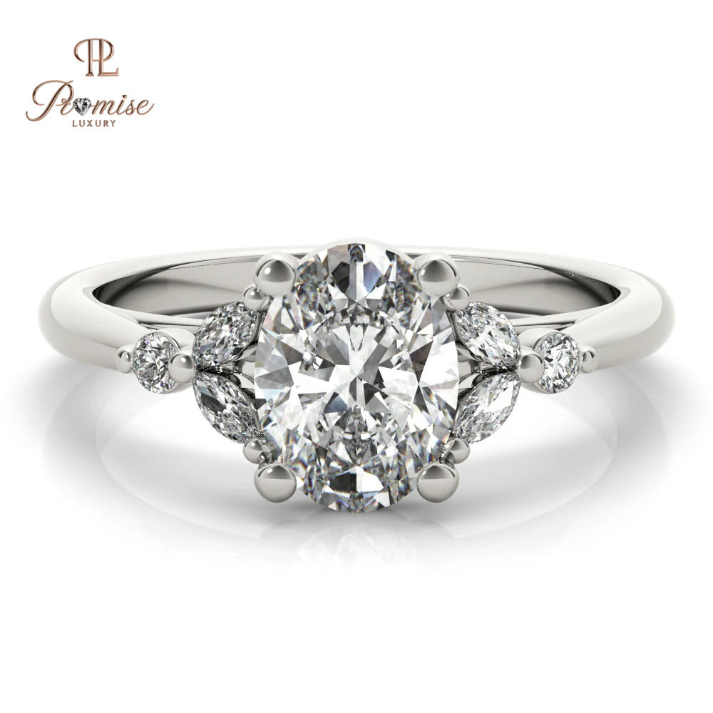 Antique Oval Cut Lab Grown Diamond Engagement Ring, Oval with Marquise & Round Side Diamonds Wedding Ring,