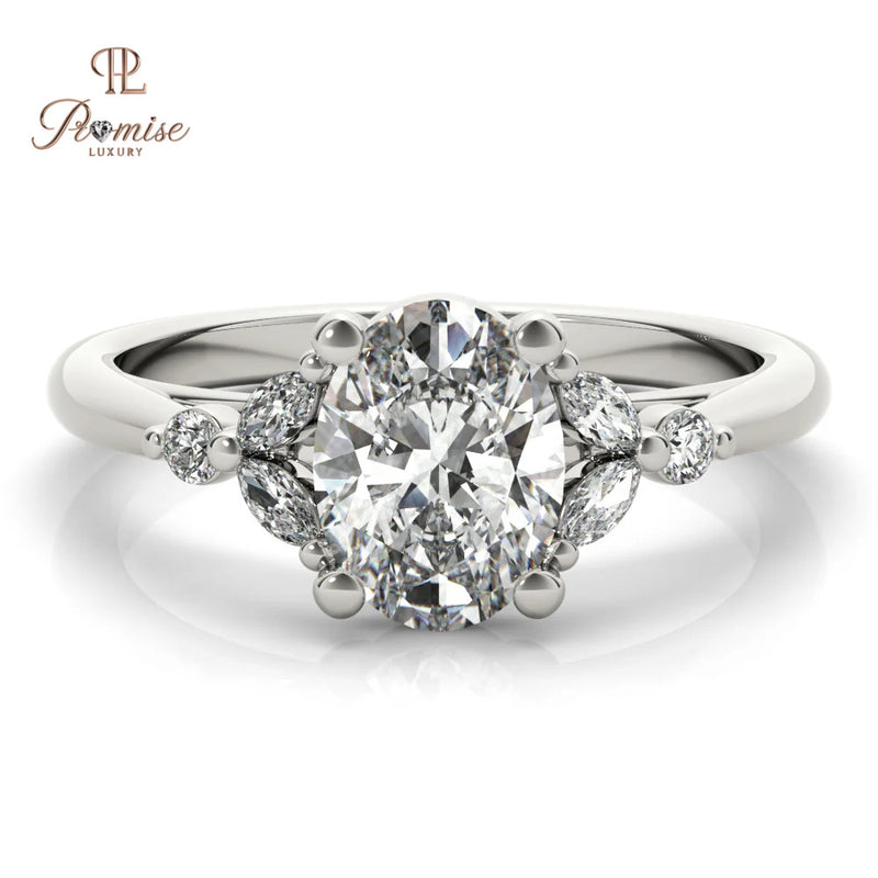 Antique Oval Cut Lab Grown Diamond Engagement Ring, Oval with Marquise & Round Side Diamonds Wedding Ring,
