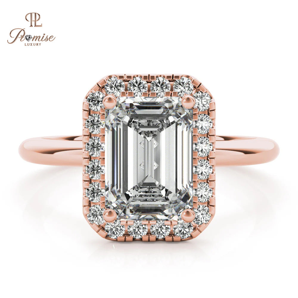 Emerald Cut Halo Diamond Ring – Minimalist Elegant Engagement Ring