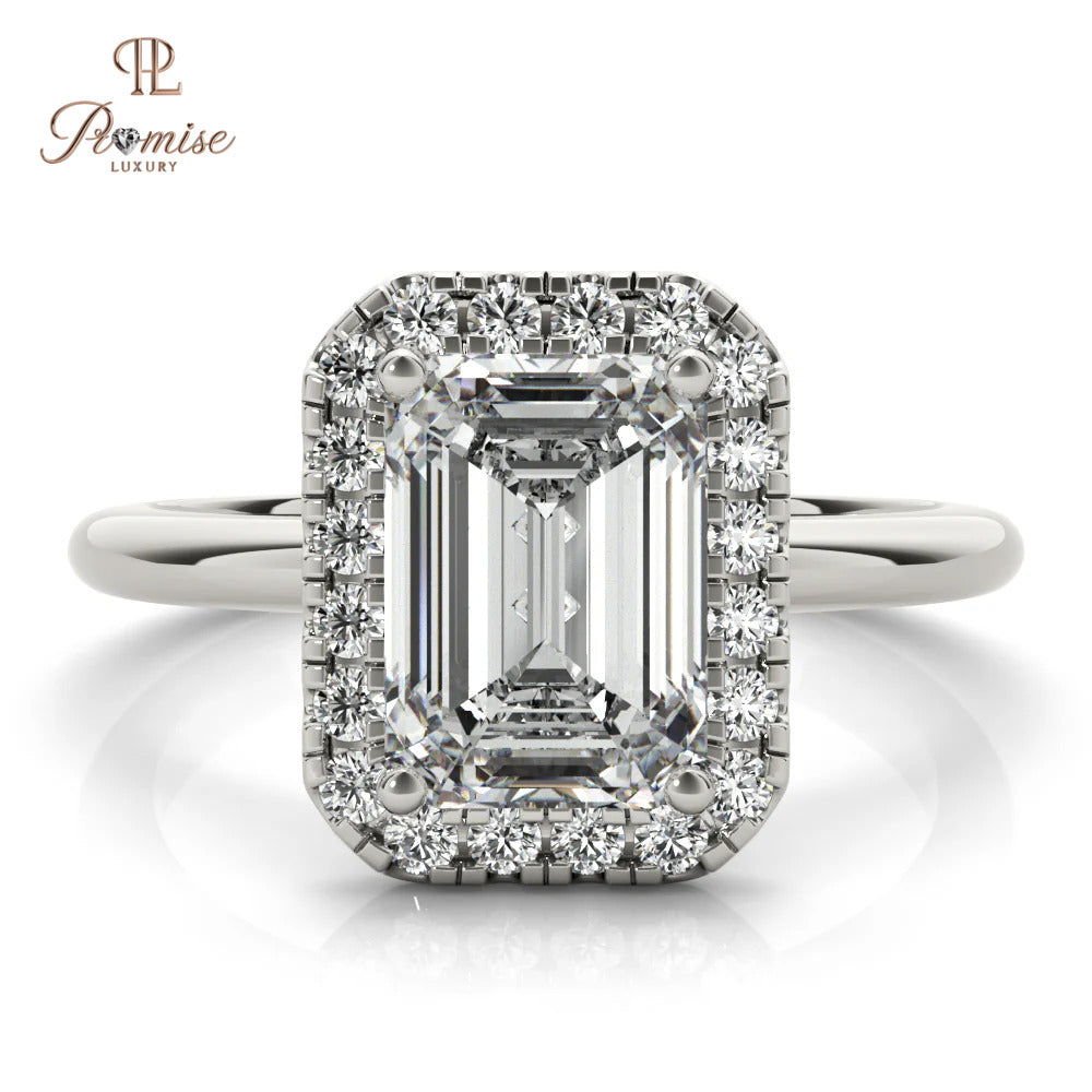Emerald Cut Halo Diamond Ring – Minimalist Elegant Engagement Ring