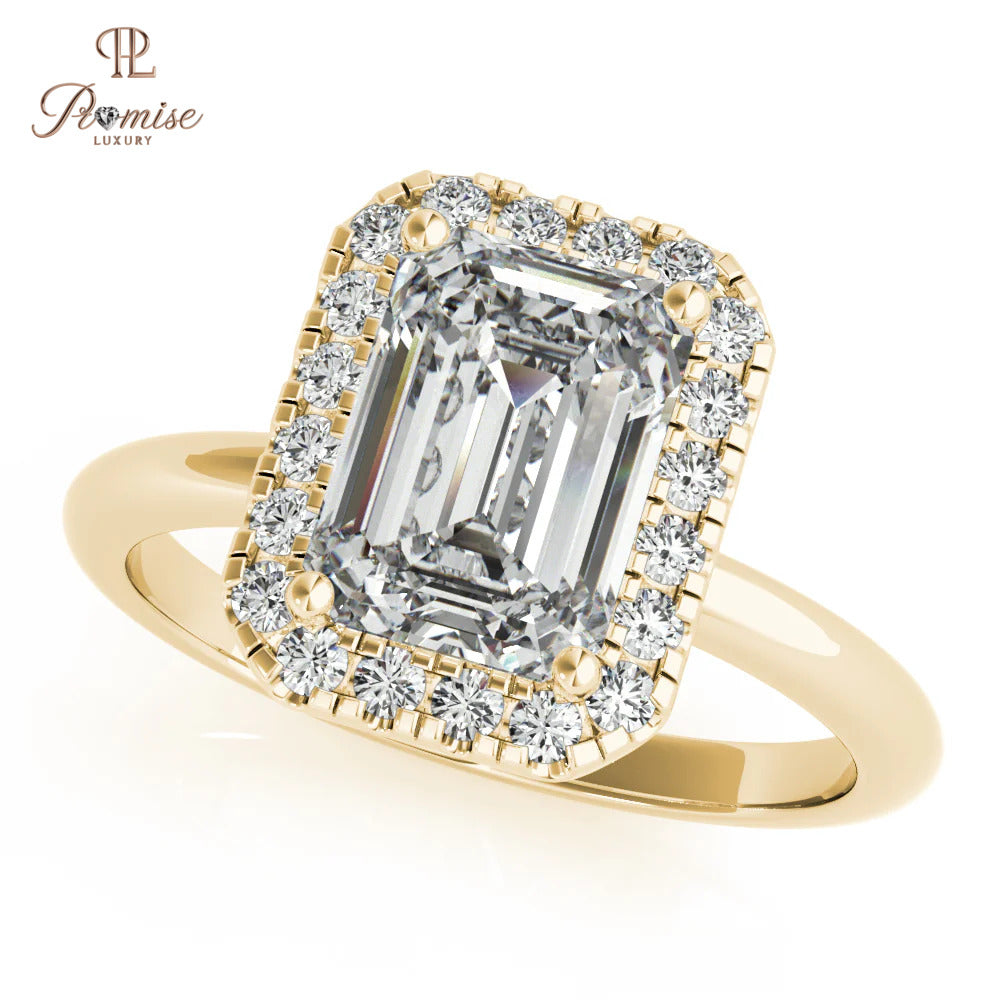 Emerald Cut Halo Diamond Ring – Minimalist Elegant Engagement Ring