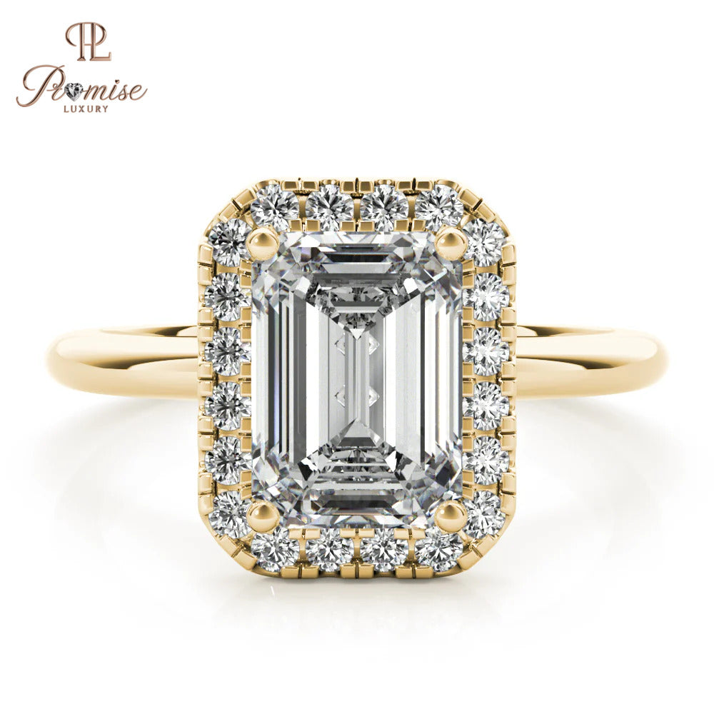 Emerald Cut Halo Diamond Ring – Minimalist Elegant Engagement Ring