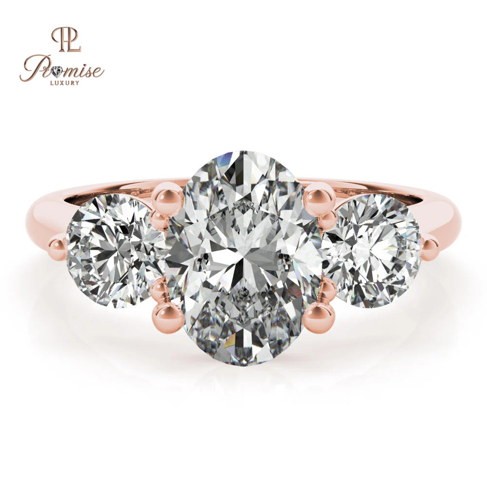 Three Stone Oval Diamond Engagement Ring with Round Accents – Classic Bridal Ring