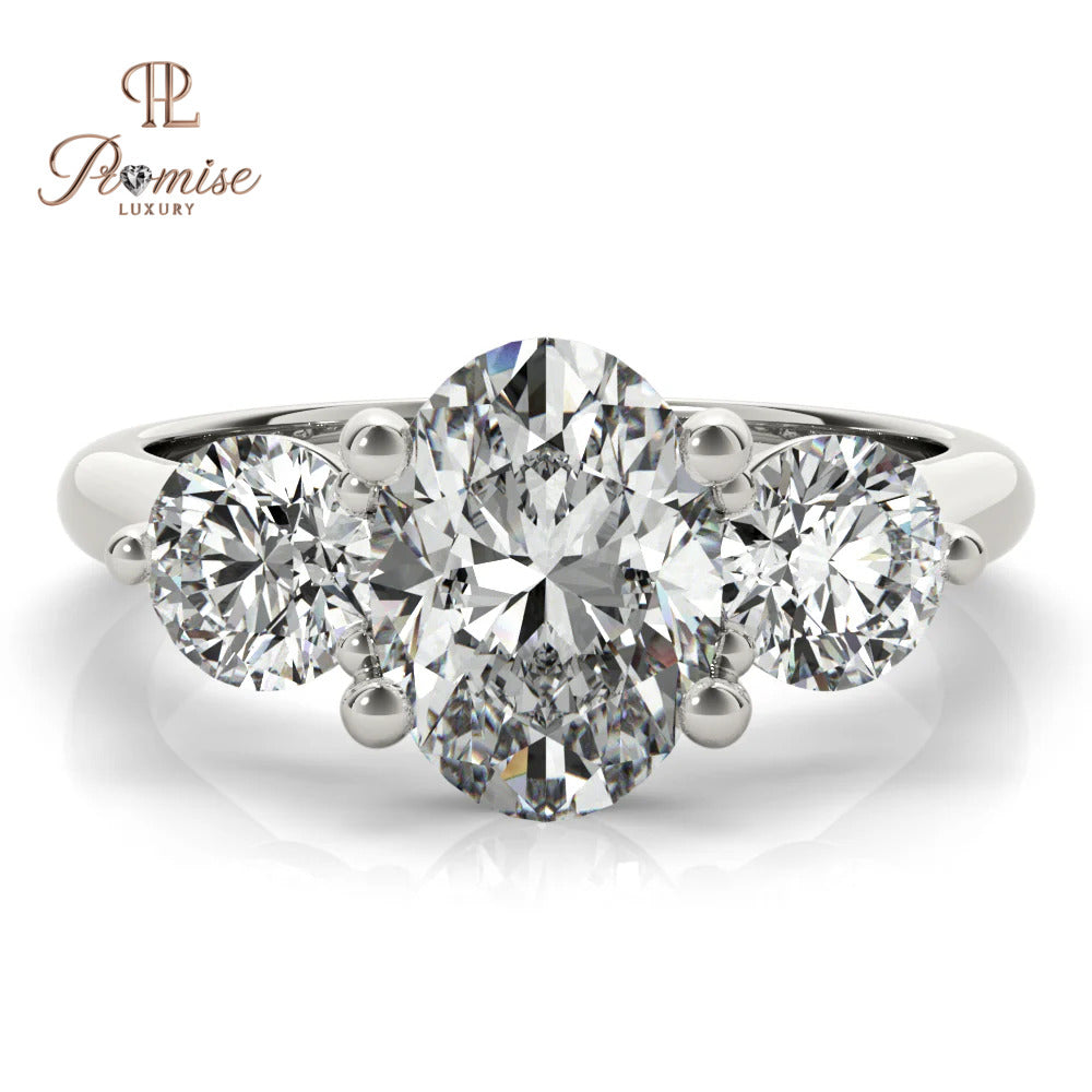 Three Stone Oval Diamond Engagement Ring with Round Accents – Classic Bridal Ring