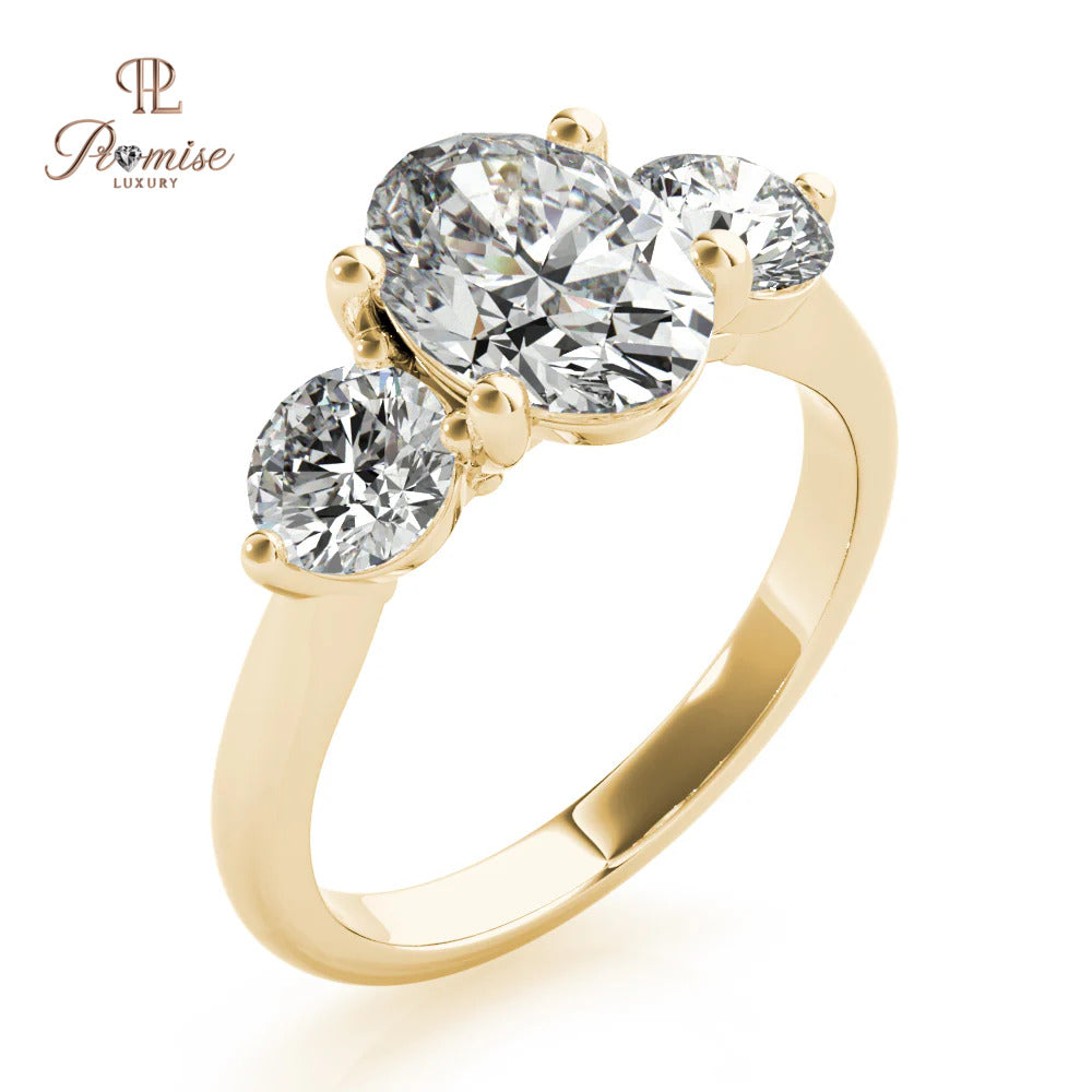 Three Stone Oval Diamond Engagement Ring with Round Accents – Classic Bridal Ring