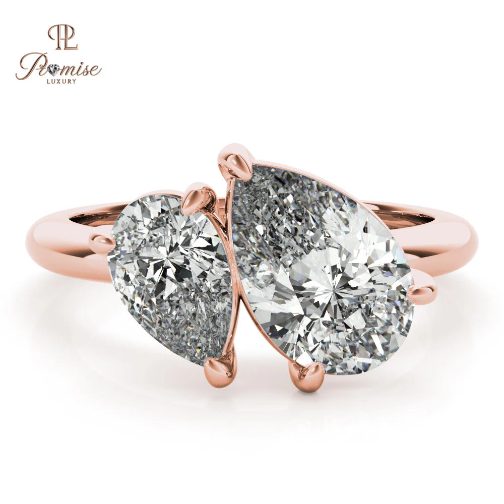 Toi et Moi Double Pear Diamond Engagement Ring – Tilted Design 14K Gold Bridal Ring