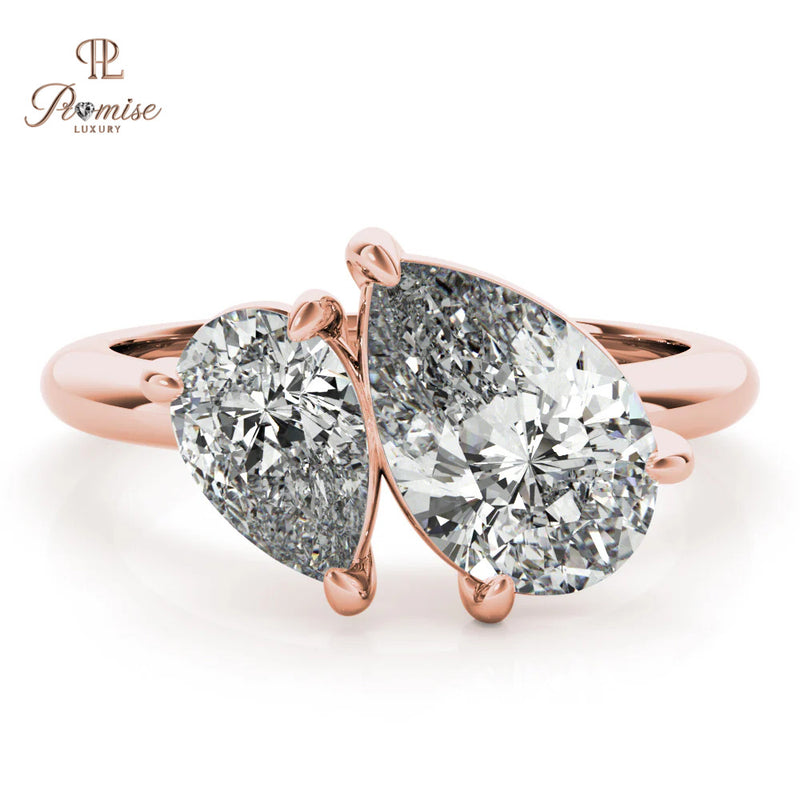 Toi et Moi Double Pear Diamond Engagement Ring – Tilted Design 14K Gold Bridal Ring