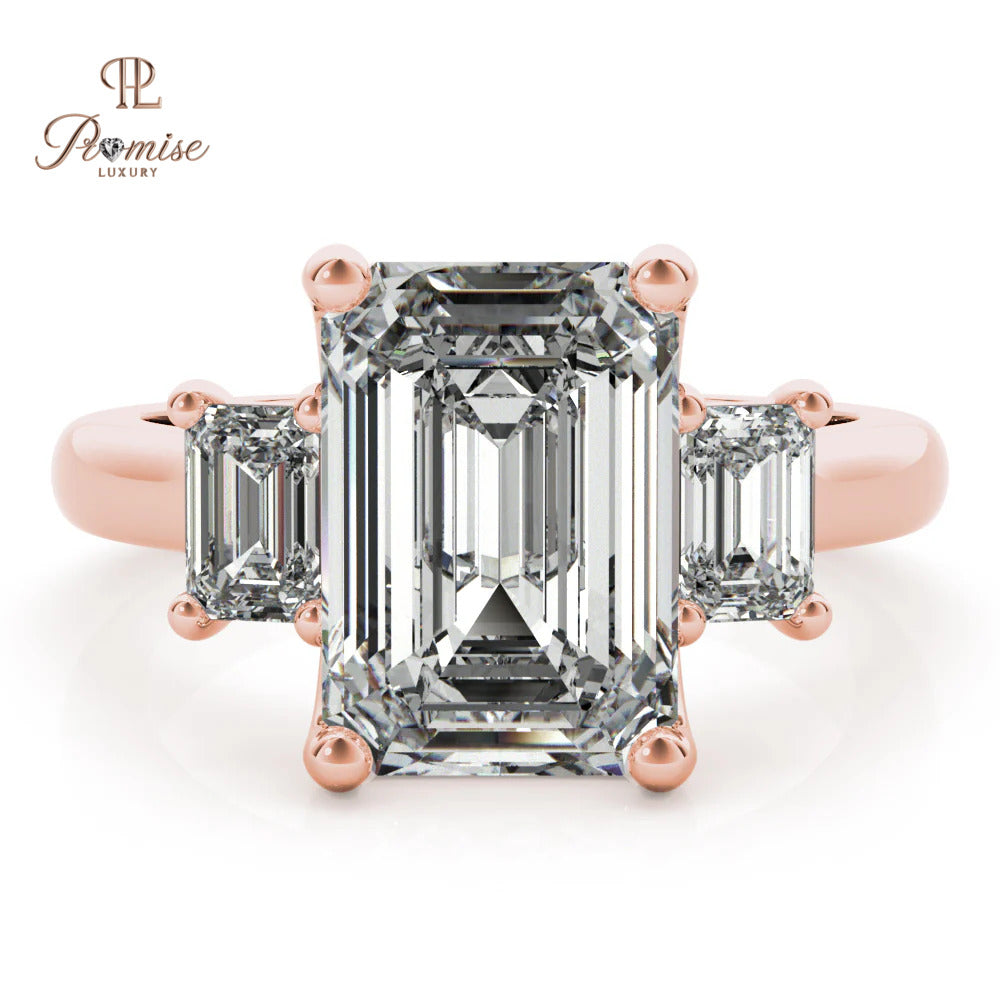 Three Stone Emerald Cut Engagement Ring – Lab Grown Diamond Statement Ring