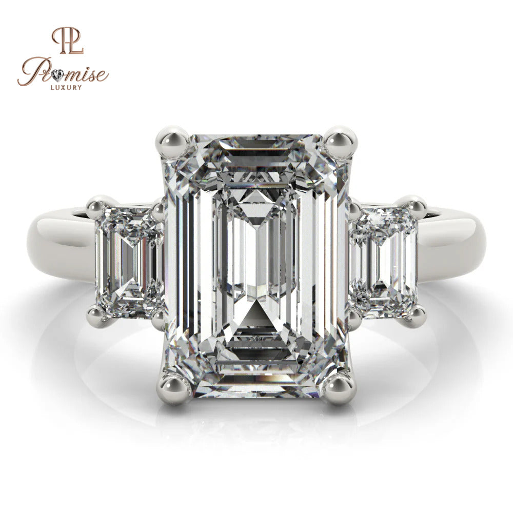 Three Stone Emerald Cut Engagement Ring – Lab Grown Diamond Statement Ring