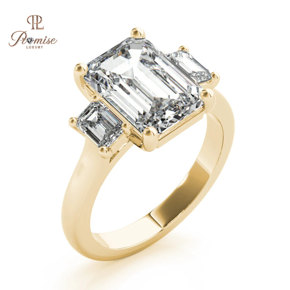 Three Stone Emerald Cut Engagement Ring – Lab Grown Diamond Statement Ring