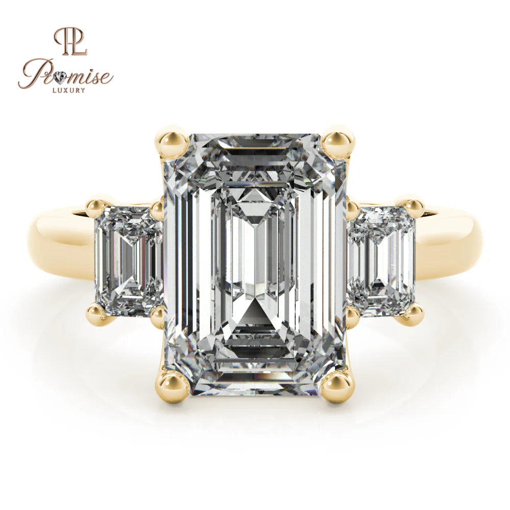 Three Stone Emerald Cut Engagement Ring – Lab Grown Diamond Statement Ring