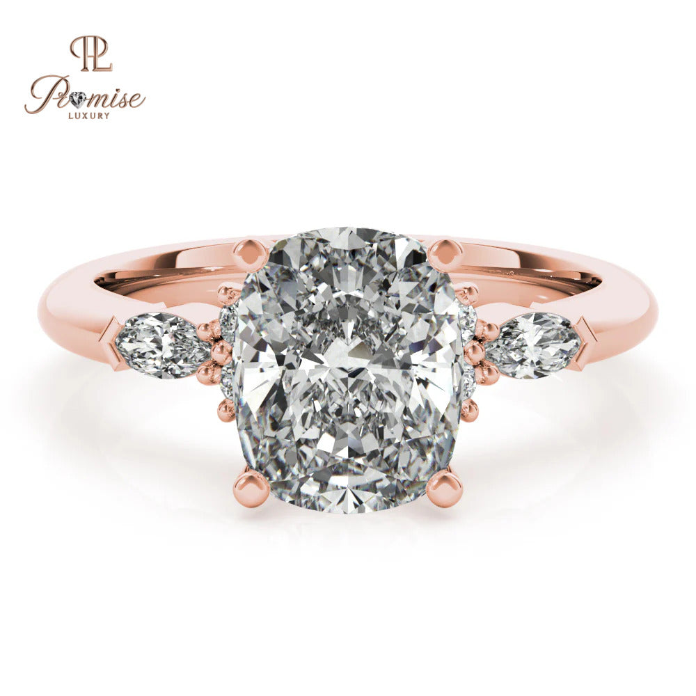 Vintage Cushion Cut Diamond Ring with Round & Marquise Side Stones – Wedding Ring