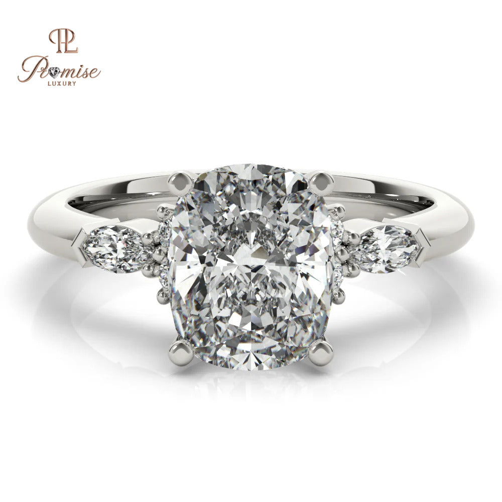 Vintage Cushion Cut Diamond Ring with Round & Marquise Side Stones – Wedding Ring