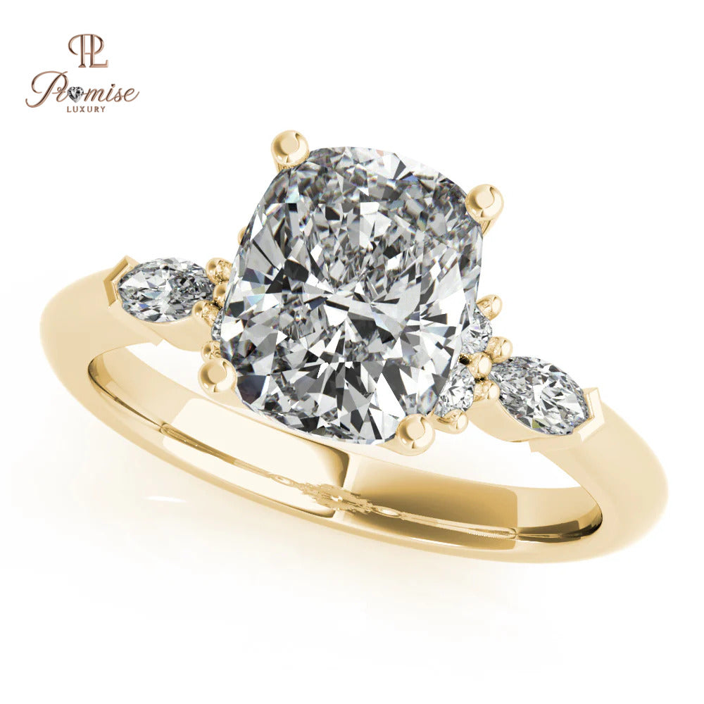 Vintage Cushion Cut Diamond Ring with Round & Marquise Side Stones – Wedding Ring