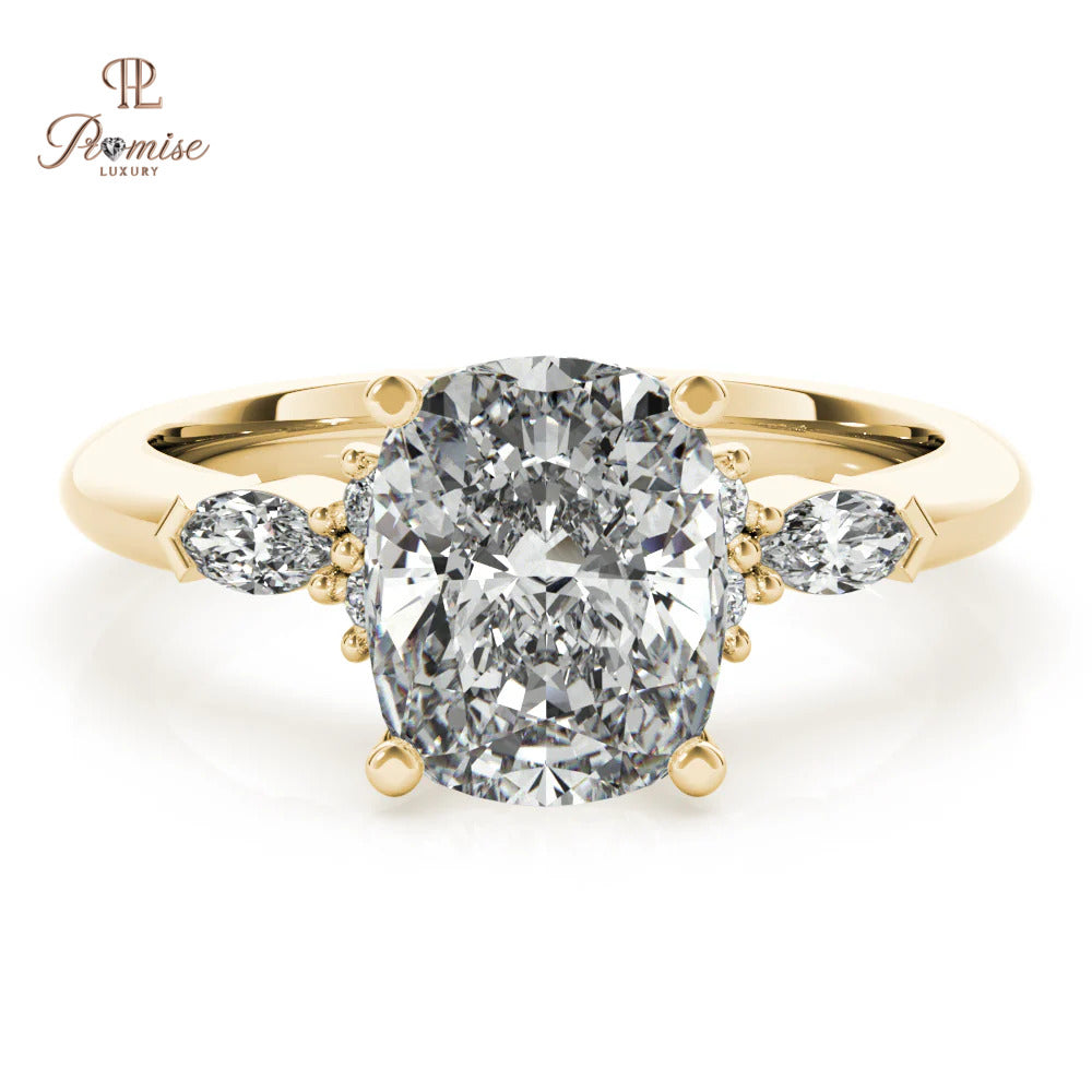 Vintage Cushion Cut Diamond Ring with Round & Marquise Side Stones – Wedding Ring