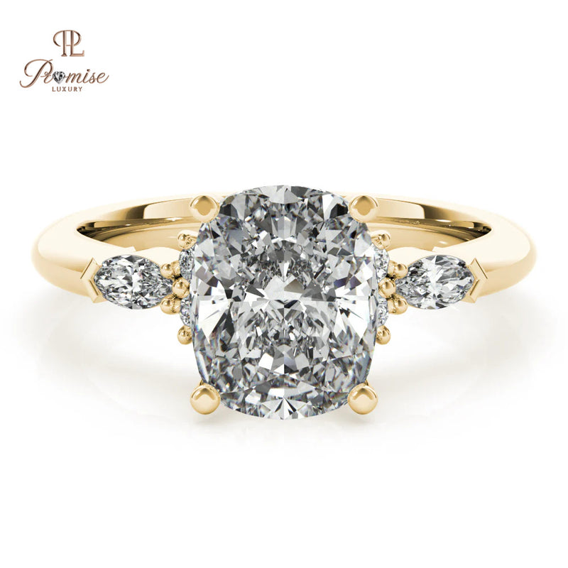Vintage Cushion Cut Diamond Ring with Round & Marquise Side Stones – Wedding Ring
