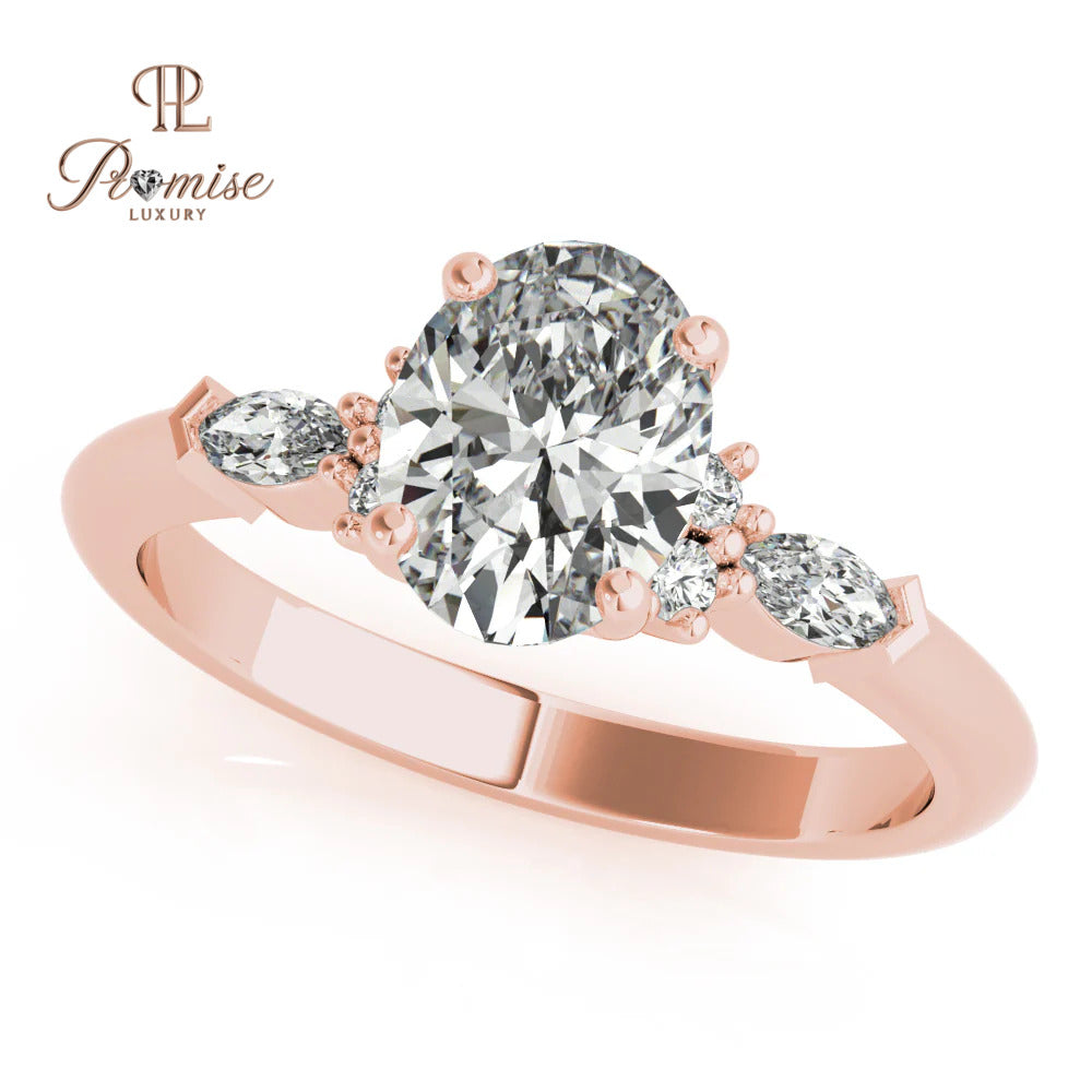 Oval Cut Lab-Grown Diamond Engagement Ring – Round & Marquise Side Diamond Bridal Ring