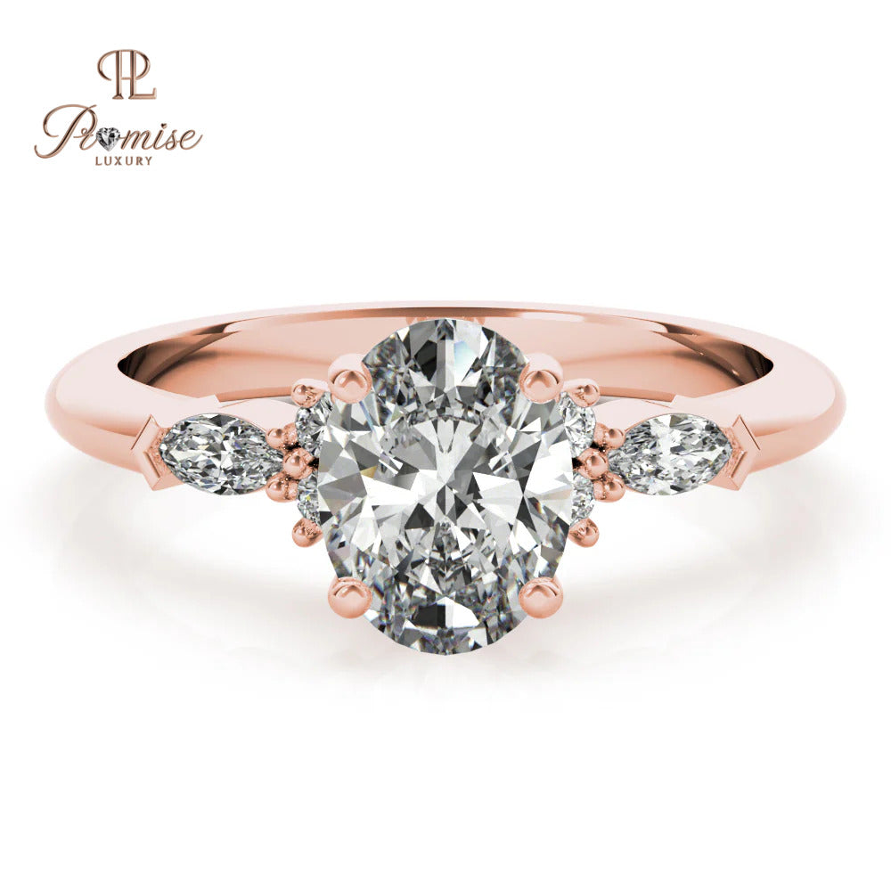 Oval Cut Lab-Grown Diamond Engagement Ring – Round & Marquise Side Diamond Bridal Ring