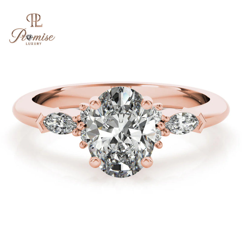 Oval Cut Lab-Grown Diamond Engagement Ring – Round & Marquise Side Diamond Bridal Ring