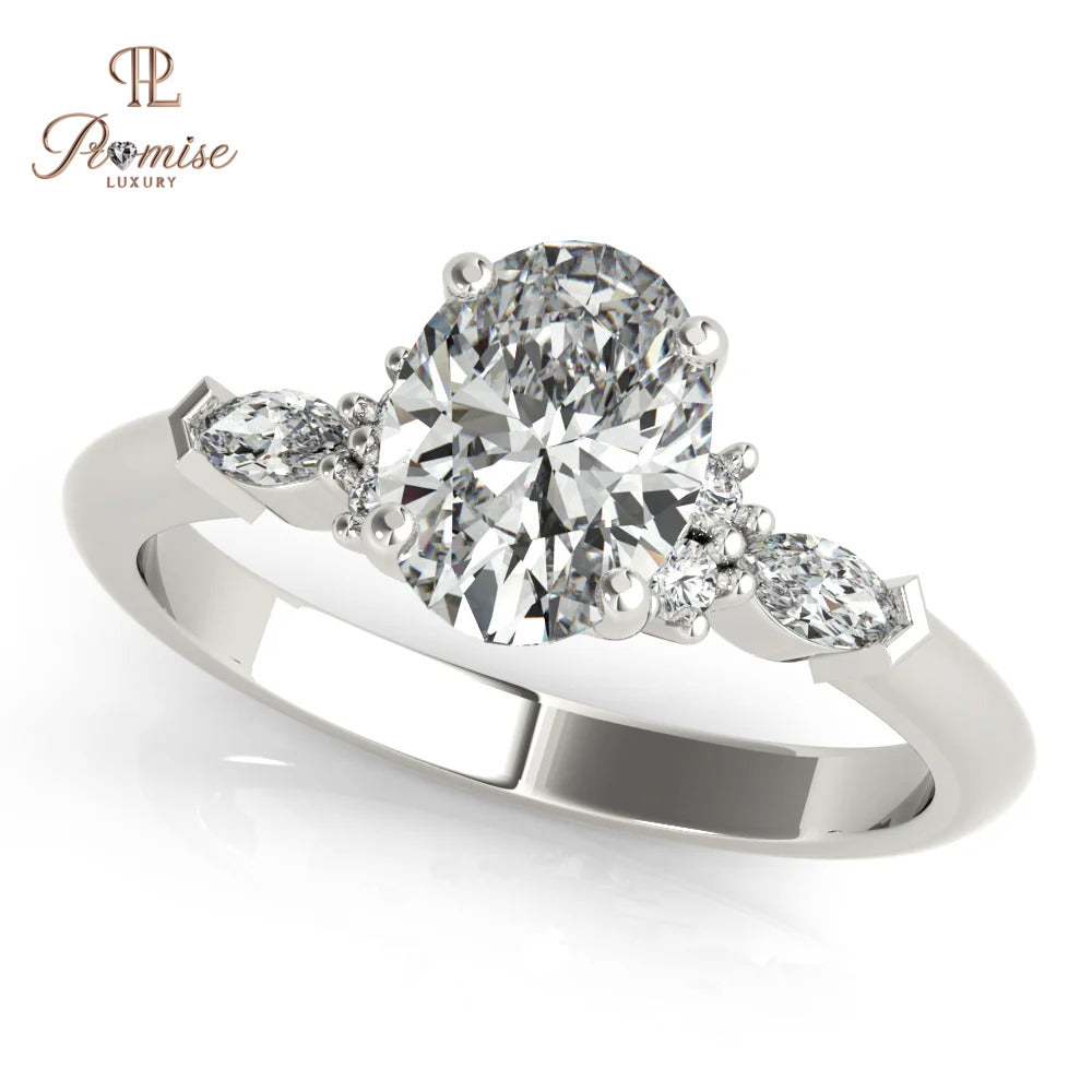 Oval Cut Lab-Grown Diamond Engagement Ring – Round & Marquise Side Diamond Bridal Ring