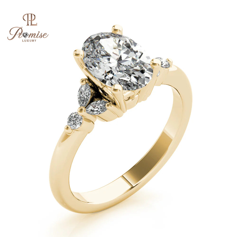 Oval Diamond Engagement Ring with Marquise & Round Side Diamonds – Antique Style Gold Ring