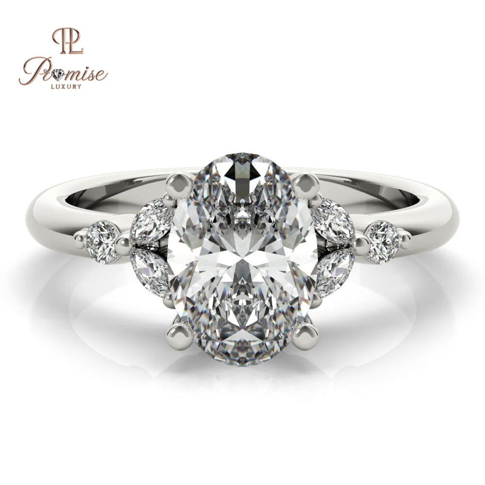 Oval Diamond Engagement Ring with Marquise & Round Side Diamonds – Antique Style Gold Ring