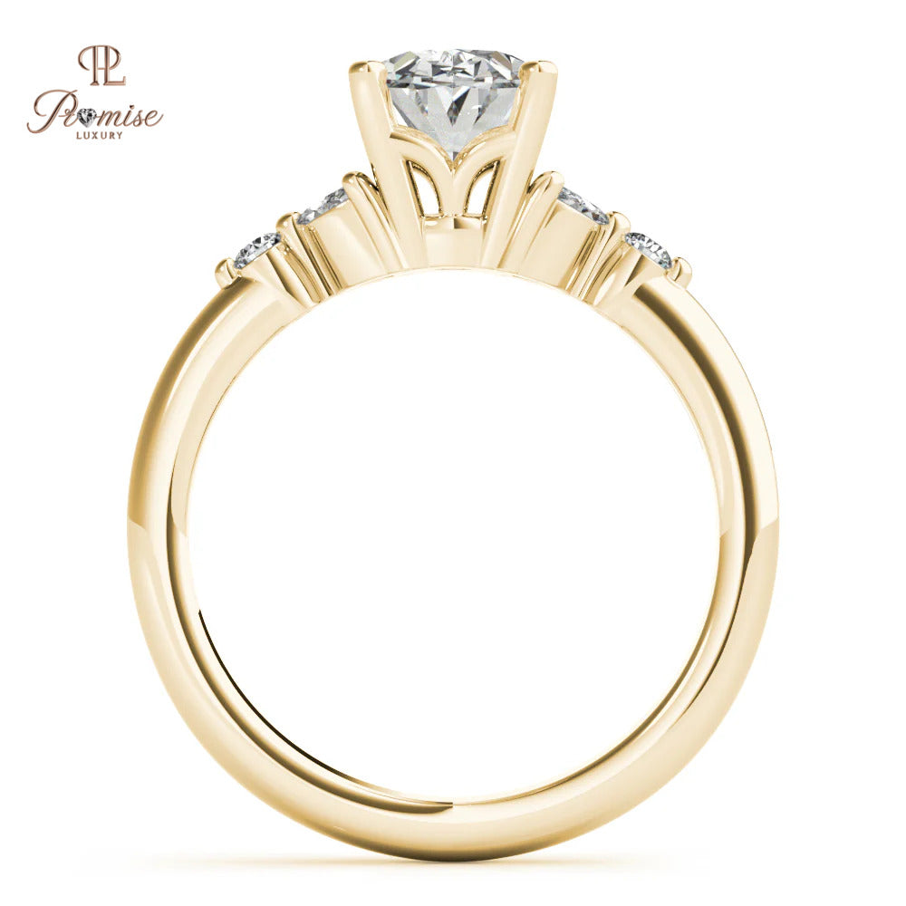 Oval Diamond Engagement Ring with Marquise & Round Side Diamonds – Antique Style Gold Ring