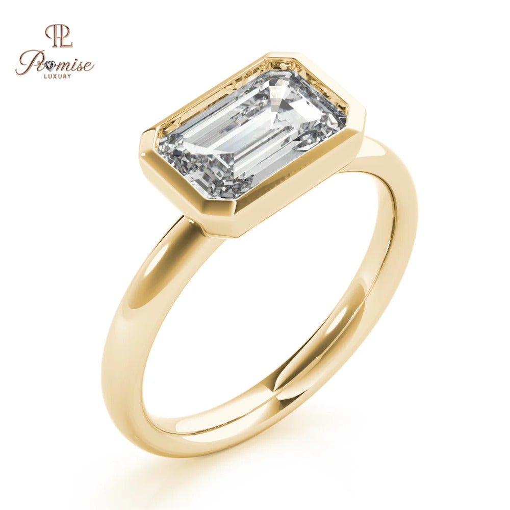 East West Emerald Cut Engagement Ring - Bezel Set Diamond Ring For Women