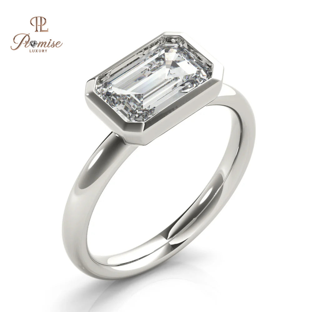 East West Emerald Cut Engagement Ring - Bezel Set Diamond Ring For Women