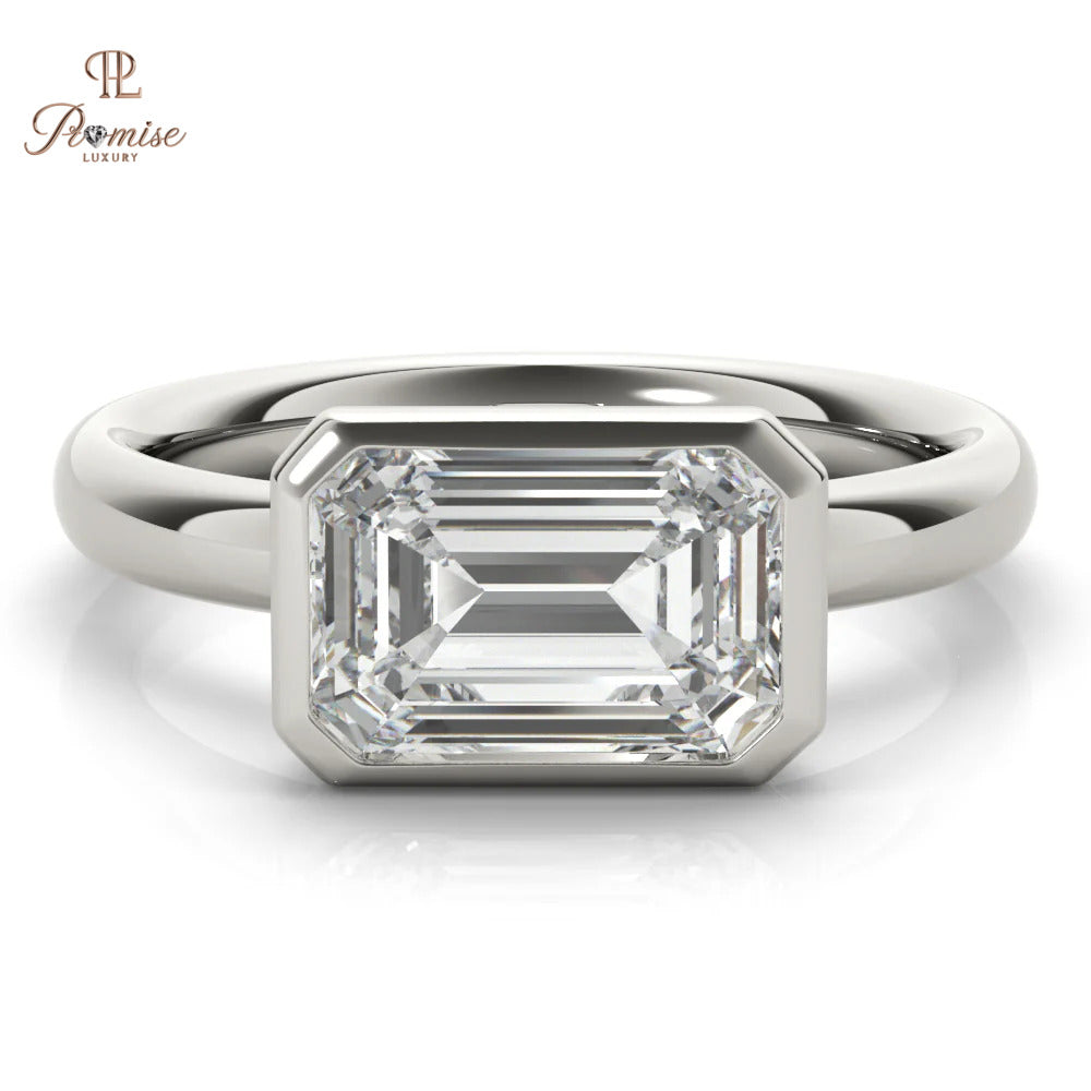 East West Emerald Cut Engagement Ring - Bezel Set Diamond Ring For Women