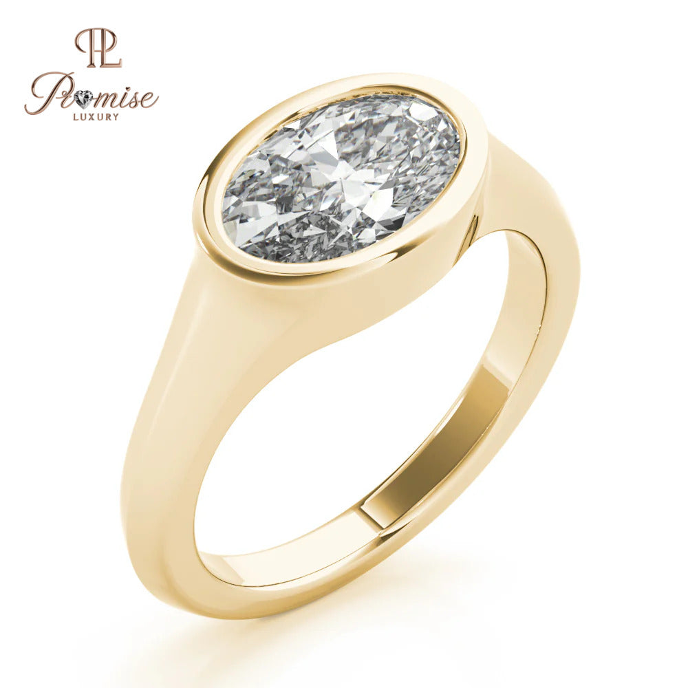Oval Bezel set East West Engagement Ring - Unique Signet Style Gold Ring