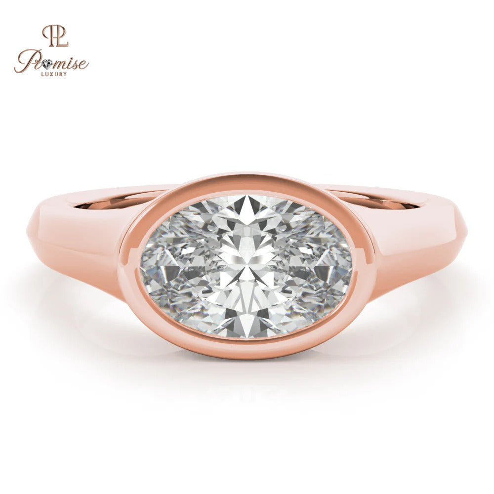 Oval Bezel set East West Engagement Ring - Unique Signet Style Gold Ring